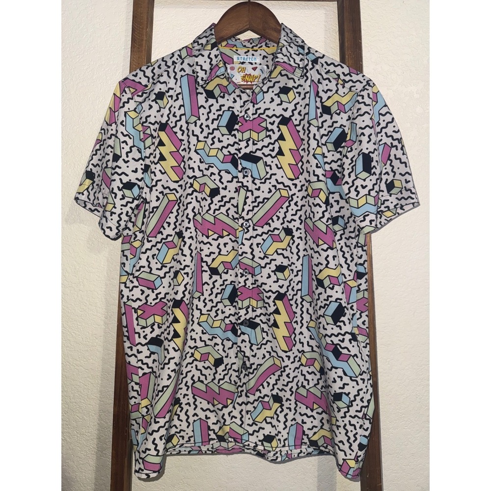Drill Clothing Co. Oh Snap Retro 90s Geometric Stretch Button Down Shirt Mens S